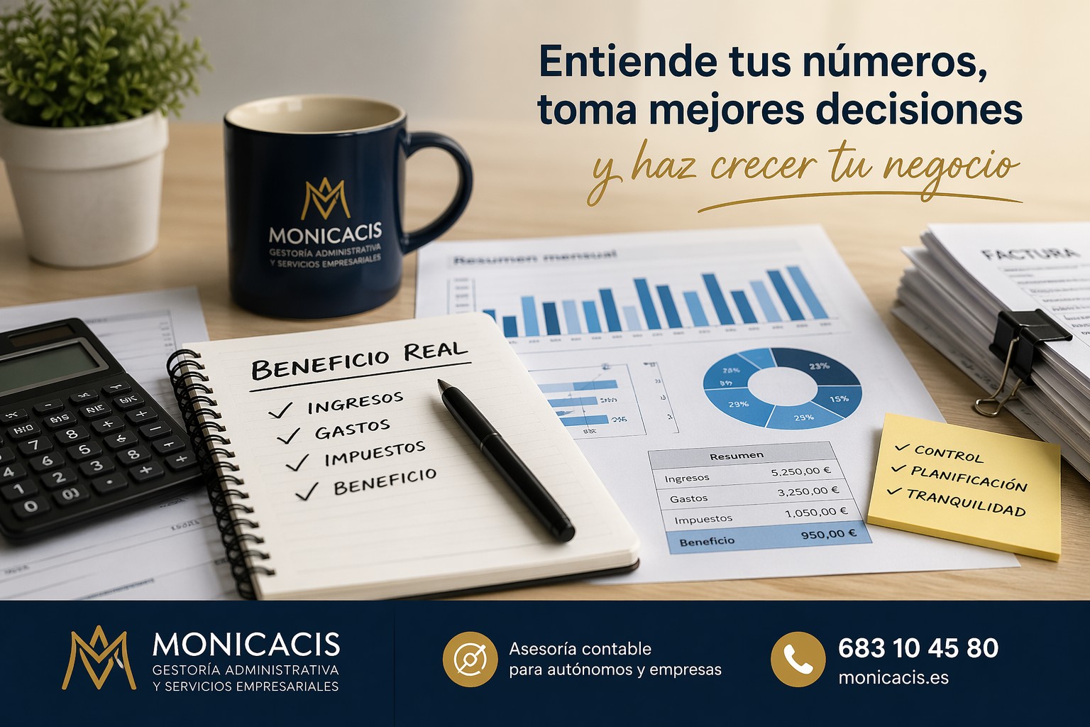 Control contable en autónomos con gráficos financieros claros y documentos organizados en oficina profesional