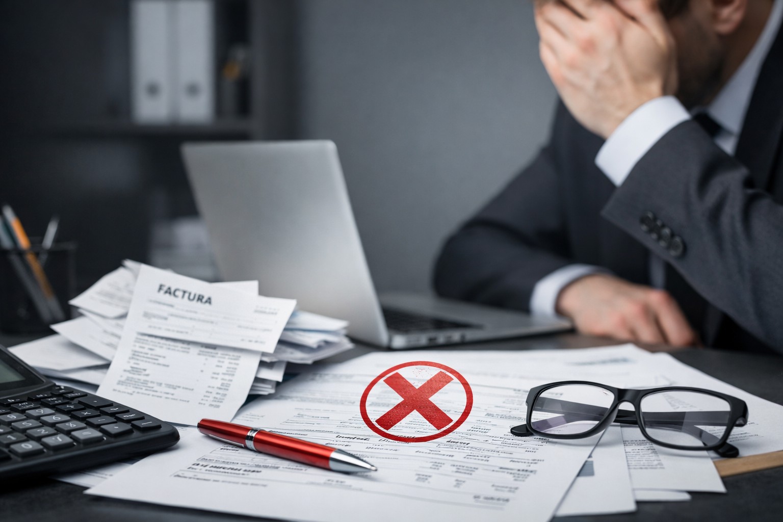 Errores contables en autónomos con facturas y documentos financieros desordenados sobre una mesa de trabajo