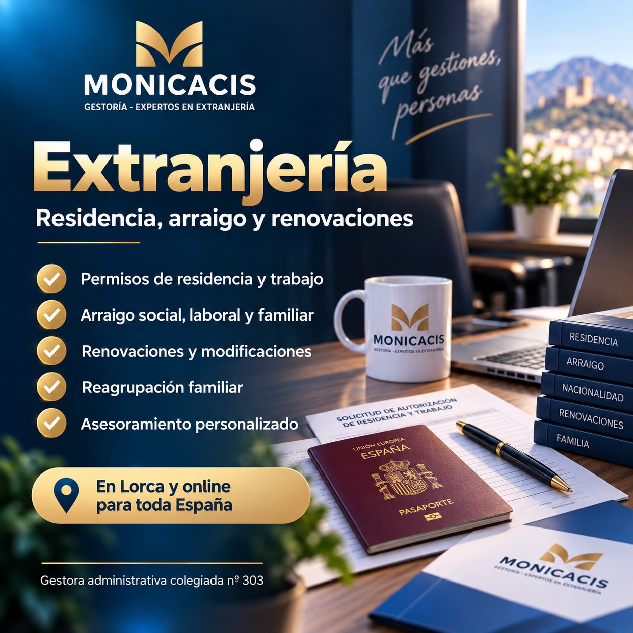Gestoría de extranjería en Lorca | Gestoría Monicacis Gestoría Monicacis, gestoría de extranjería en Lorca para residencia, arraigo, renovaciones y trámites online en toda España